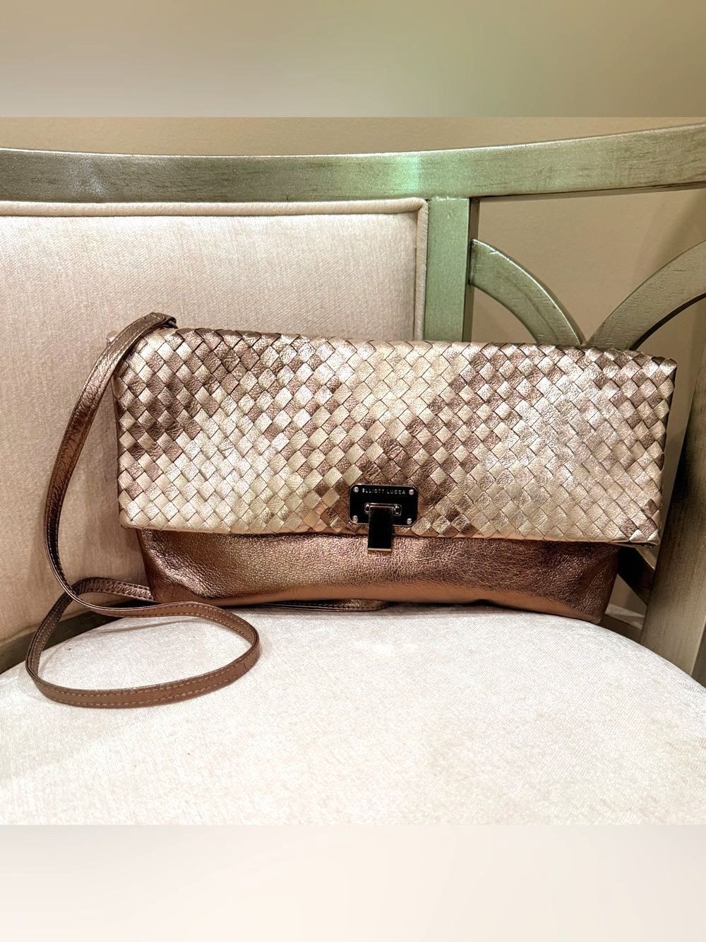 Elliott Lucca Leather Metallic Woven Purse Convertible Clutch Crossbody Bag